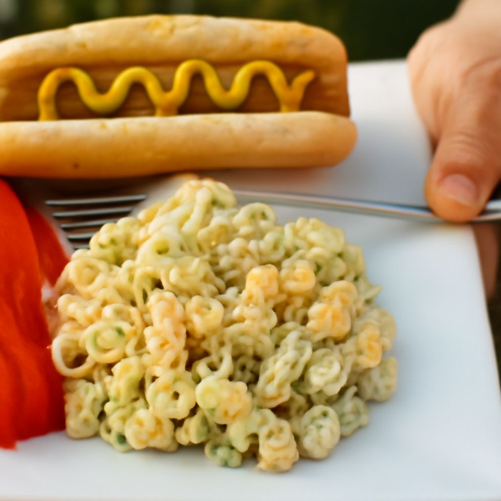 A bowl of old fashioned macaroni salad with ingredients.