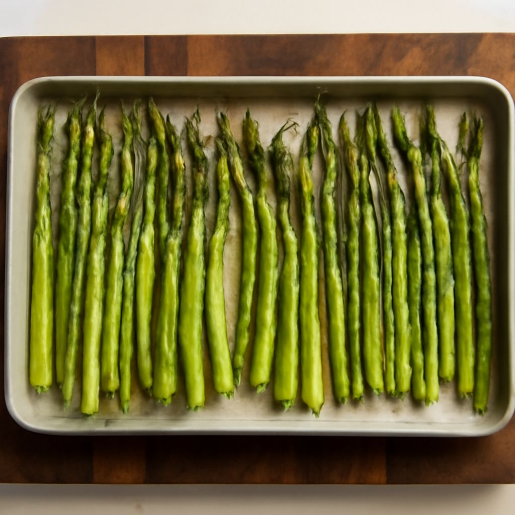 Oven roasted asparagus on a baking sheet