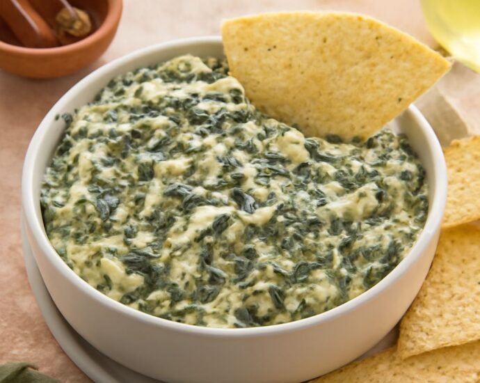 A delicious spinach artichoke dip in a serving bowl