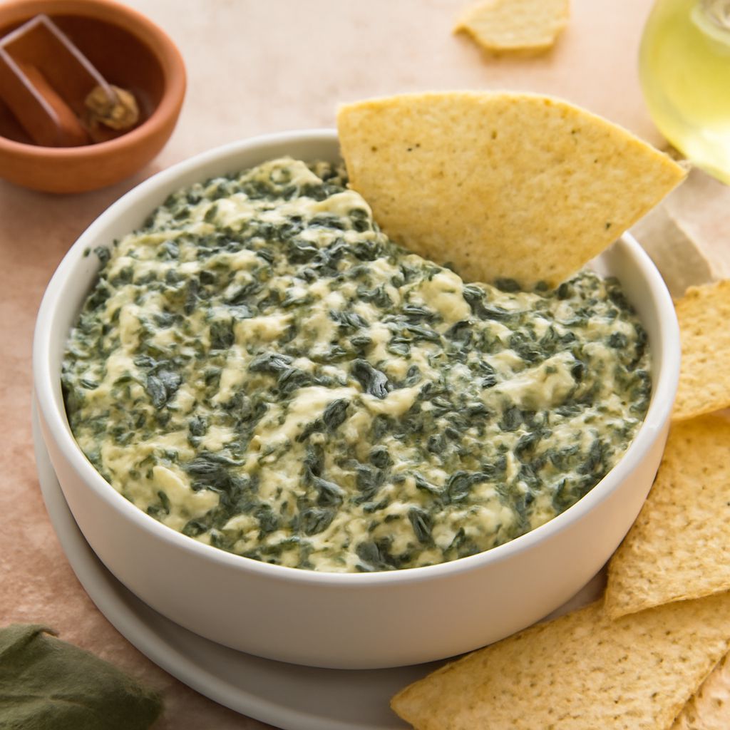 A delicious spinach artichoke dip in a serving bowl